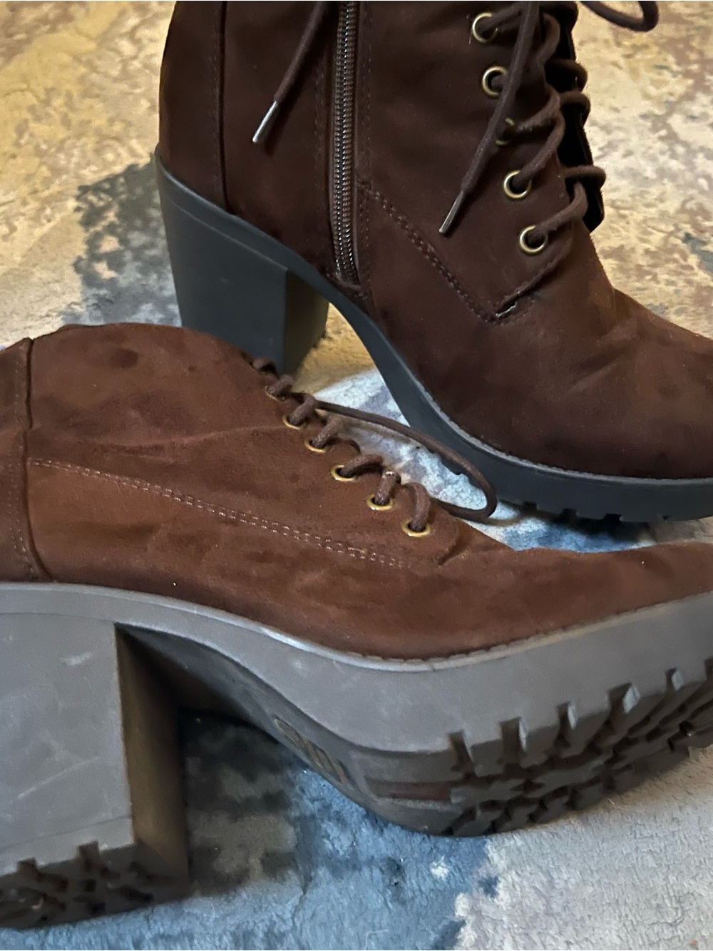 Soda Brown Lace-Up Suede Block Heel Boots
